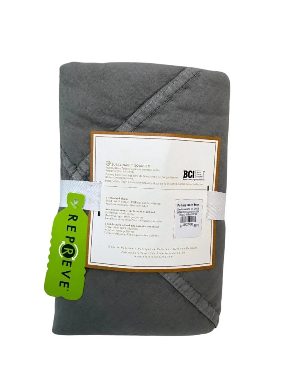 Pottery Barn Teen Pillow Sham Quilted Standard Size Washed Rapids Gray  NWT